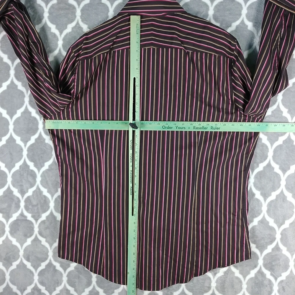 Banana Republic Dress Shirt Mens 18.5 Brown Pink Stripe Turnback Cuff Cotton